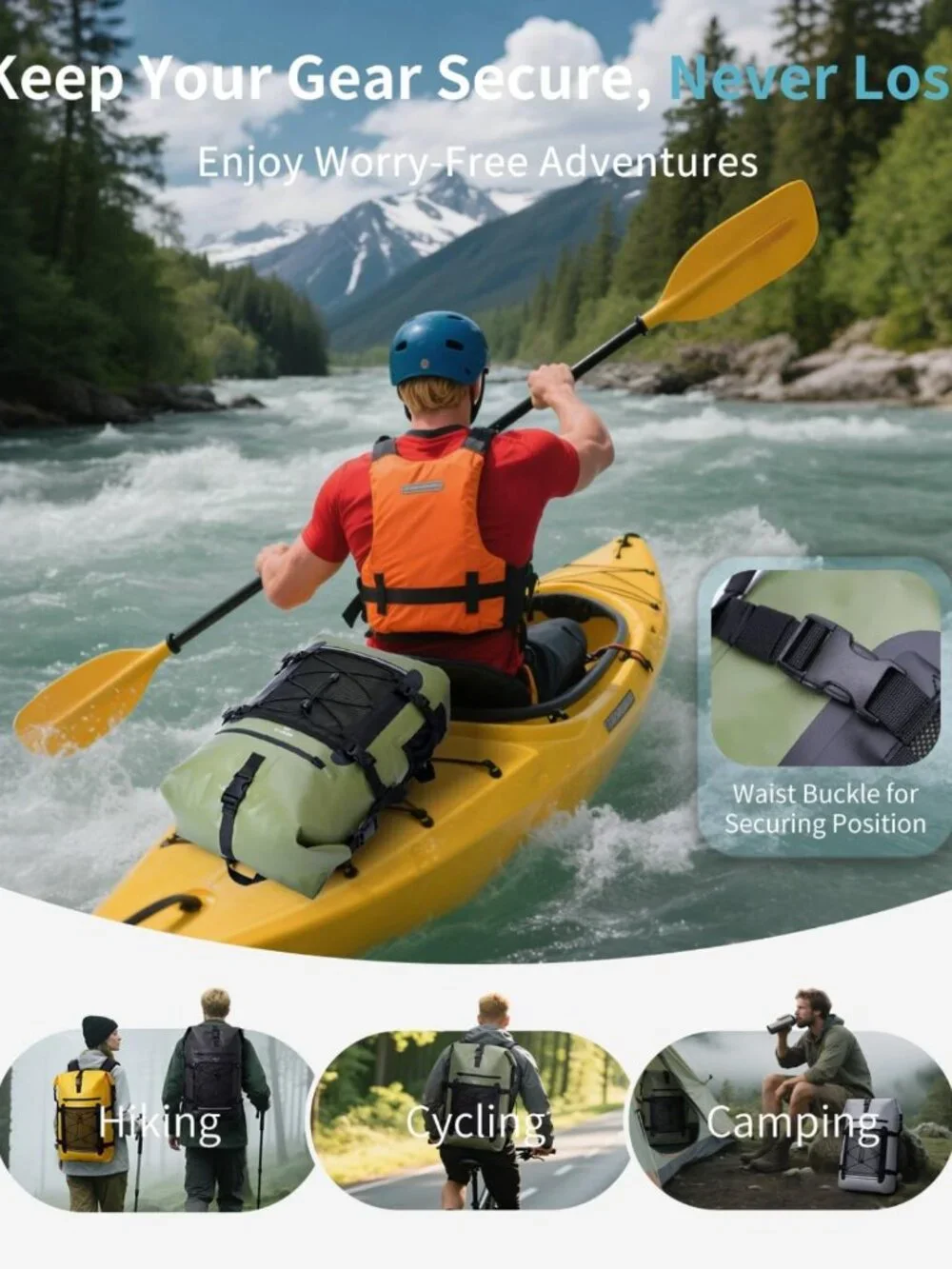 Waterproof Roll-Top Backpack 30L for Travel, Heavy Duty Dry Bag & Phone Case